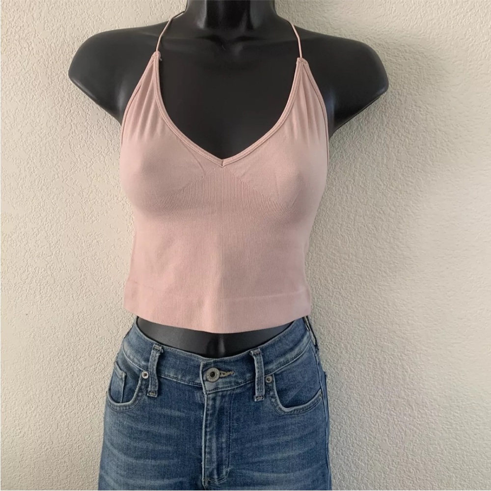 Free People Intimately Brami Crop Top M/L Nude Ribbed V-neck Skinny Strap Cami - Picture 2 of 10